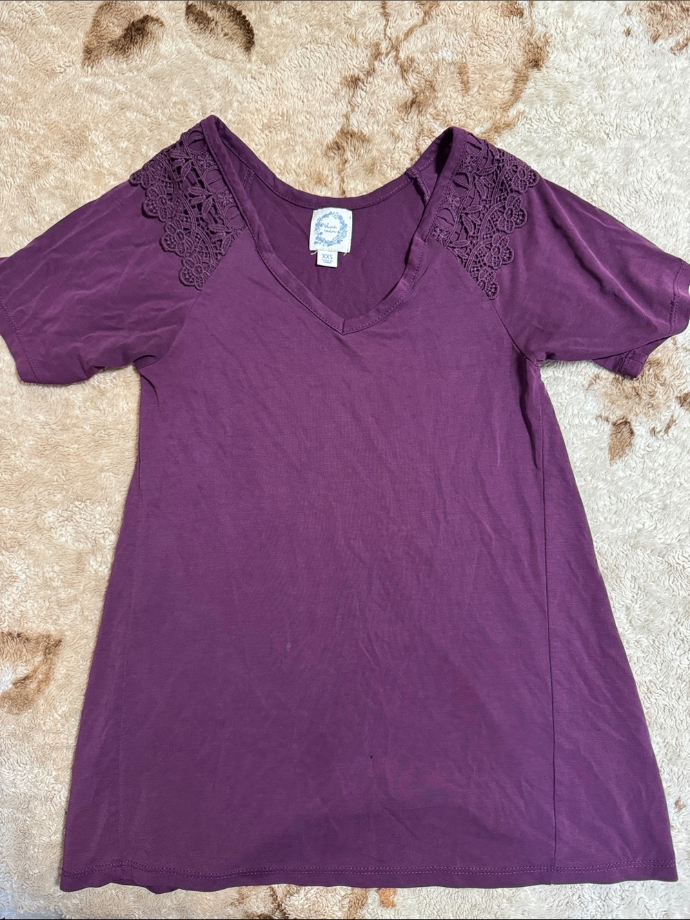 Blue Rain Purple V-Neck Tee with Crochet Shoulder